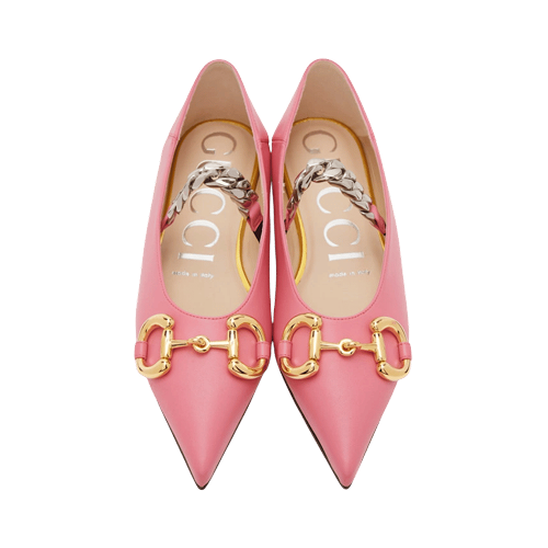 Gucci horsebit chain pointed ballet leather pink