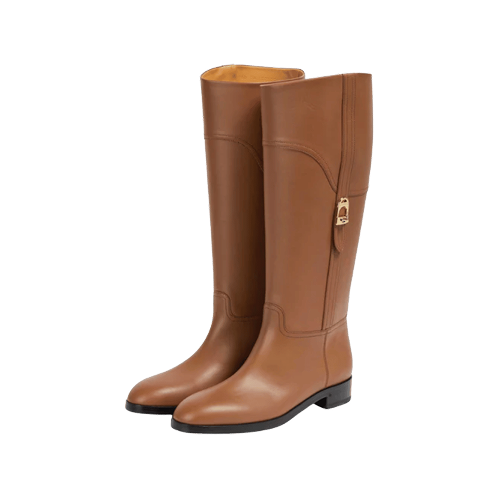 Gucci leather flat knee high boots brown and gold-tone stirrup hardware