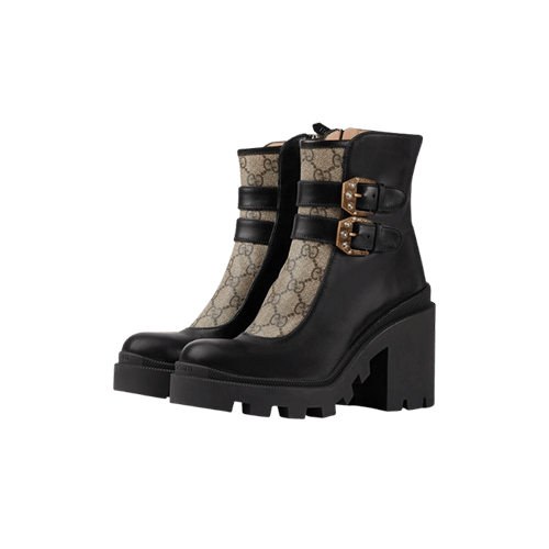 Gucci Kensington ankle boots in black and gg supreme canvas with crystal embellished double buckles black with grey