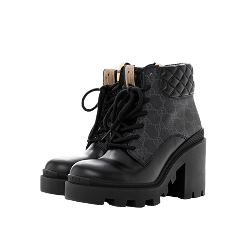 Gucci gg supreme canvas and leather platform black boots black with a quilted collar