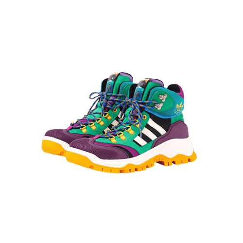 Gucci & Adidas lace up boot in purple and green colorway purple white green yellow