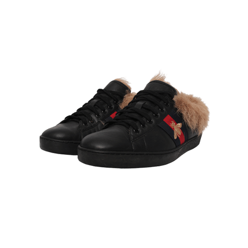Gucci Ace fur-lined high top sneakers in black leather with a red and green web stripe and embroidered bee details black with bee 