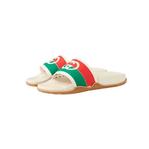 Gucci slides with original gucci logo and the signature red and green web stripes red and green white 