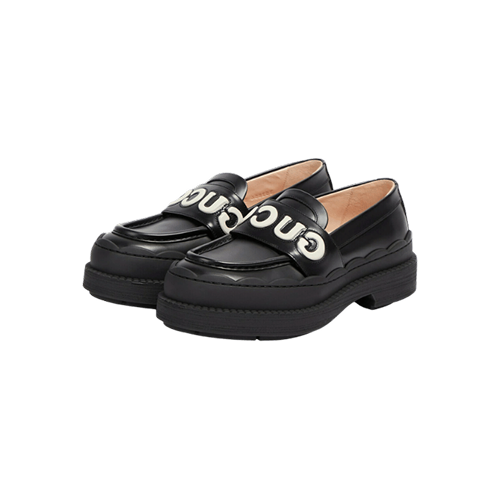 Gucci logo platform leather loafers a white logo and scalloped rubber edges black