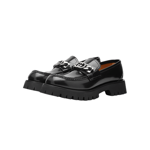 Gucci interlocking g chain-link polished leather loafers black