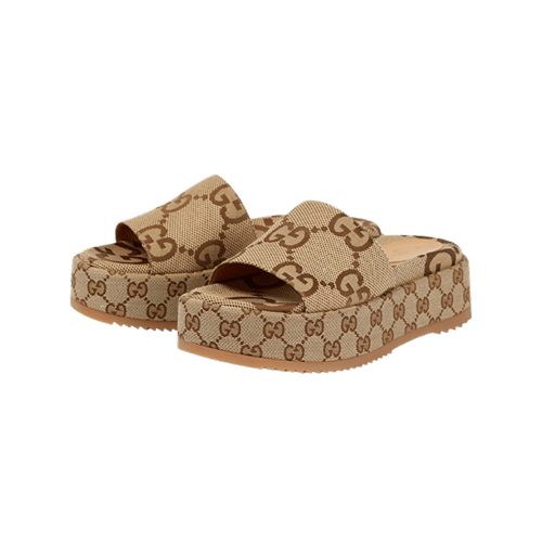 Gucci interlocking g-embossed platform slides sandals neutral beige/ebony brown shown