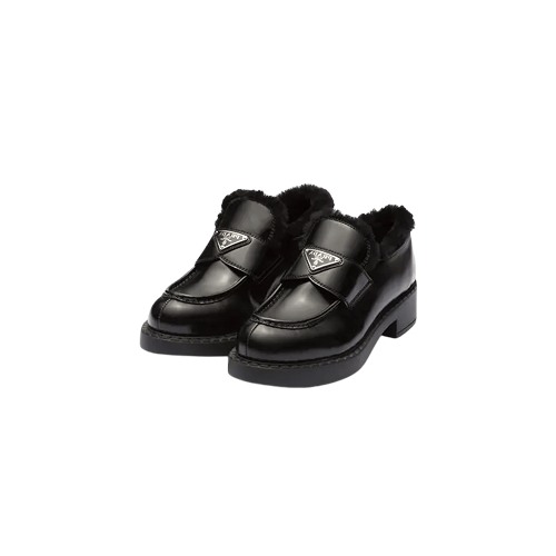 Prada Chocolate brushed leather and shearling loafers in black