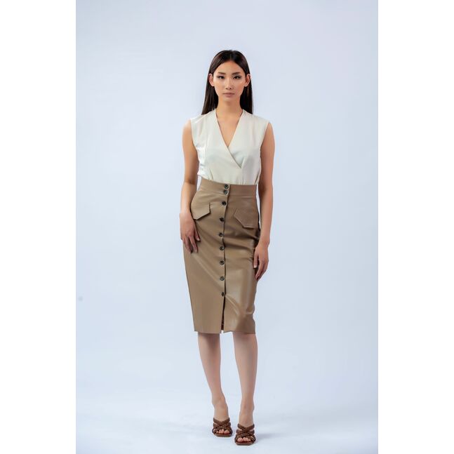 Leather Long Skirt with button