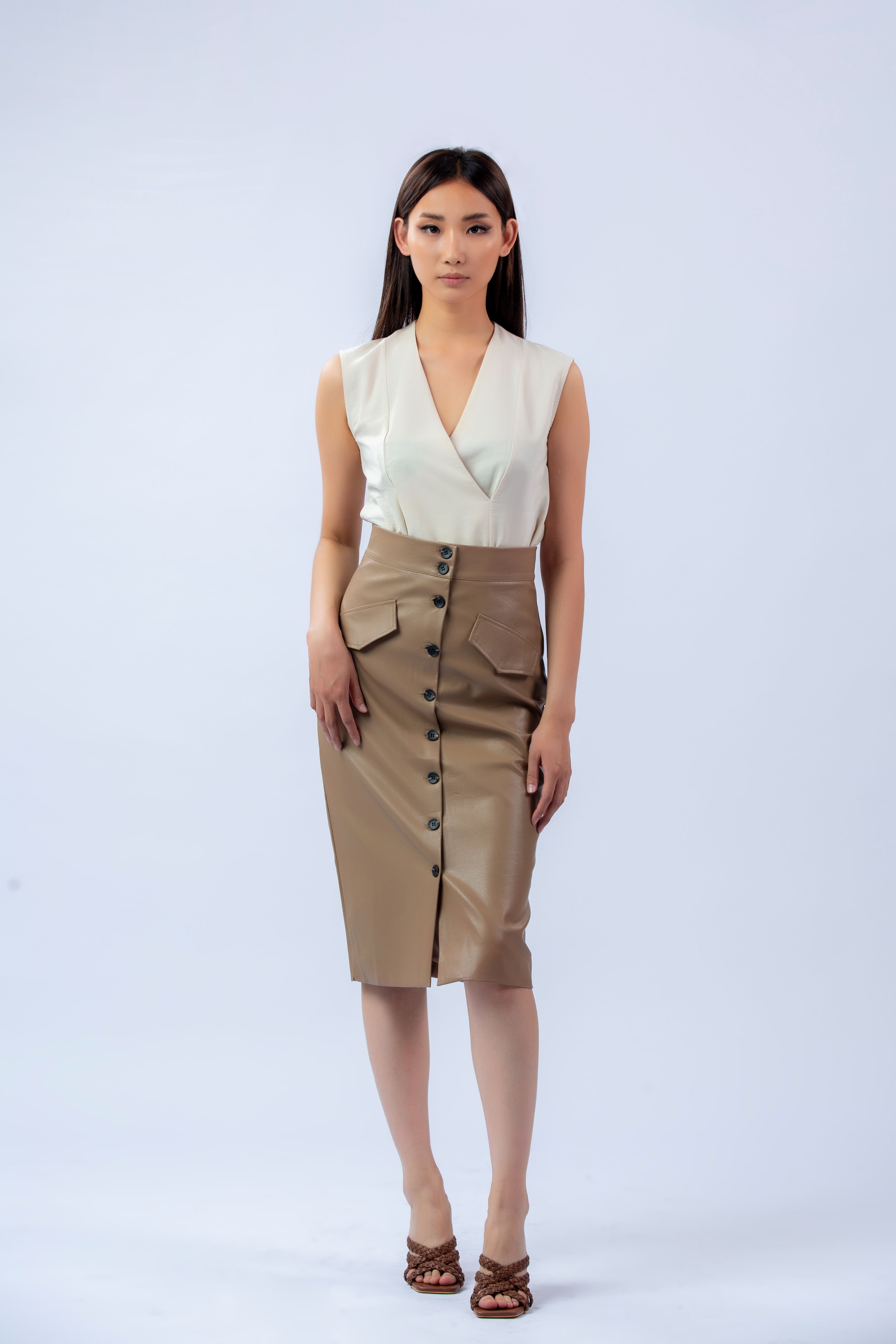 Leather Long Skirt with button