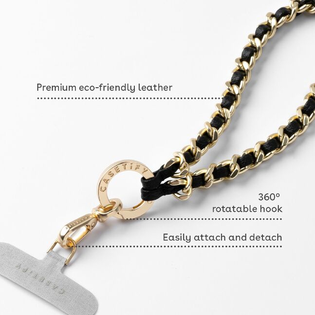 Leather Chain Wrist Strap - Black in Champagne Gold