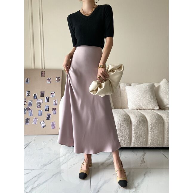 Silk midi skirt pearl pink
