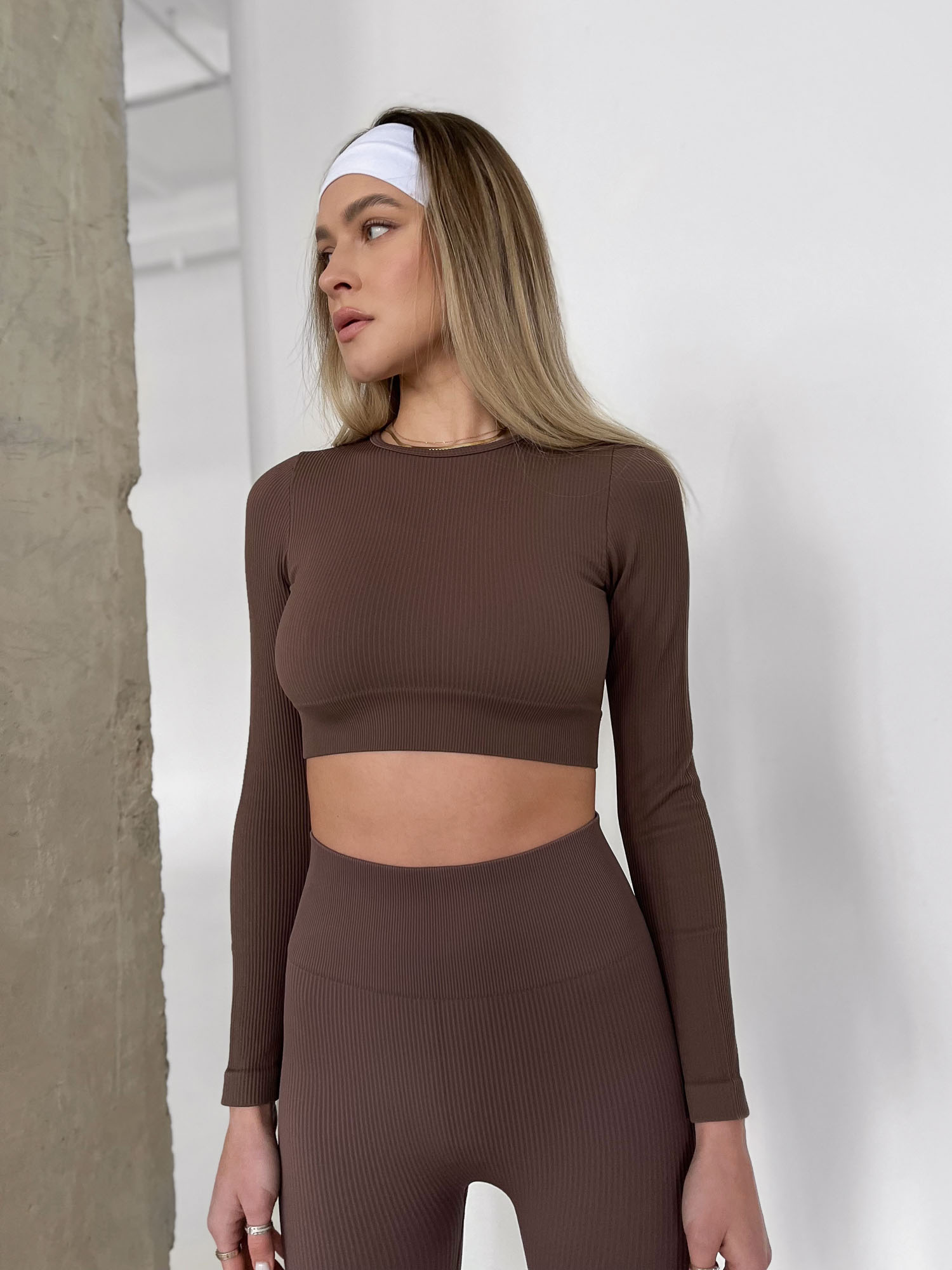 Power Rib Cropped Long Sleeve Top brown