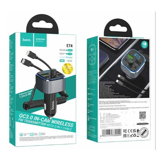 Hoco E74 Car Dual USB Charger Bluetooth FM Transmitter with 2 in 1 Cable