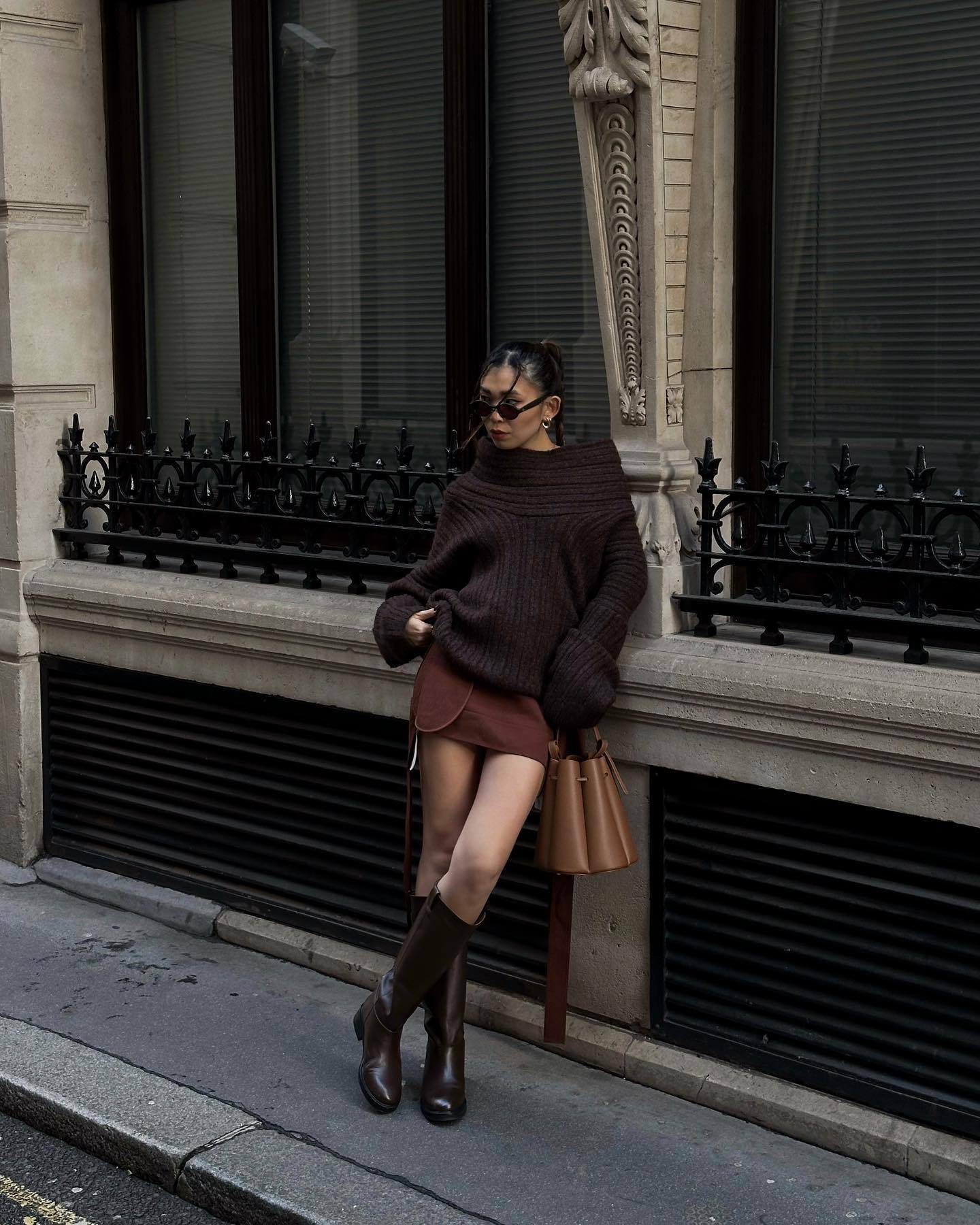 Off shoulder brown knit sweater