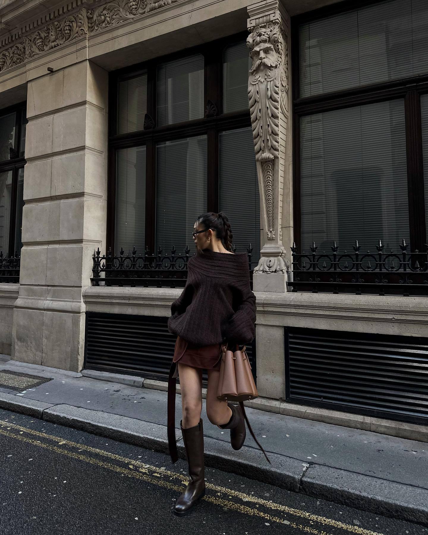 Off shoulder brown knit sweater