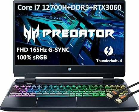 Acer predator helios 300 gaming laptop 15.6" fhd ips 165hz display 12th gen intel 14-core i7-12700h geforce rtx 3060 rgb backlit usb-c thunderbolt 4 hdmi2.1 + hdmi cable (16gb ram | 512gb pcie ssd)