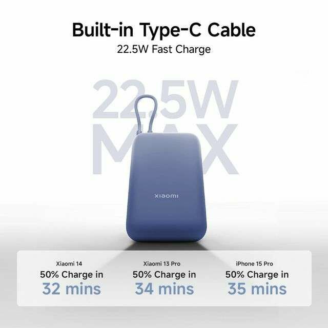 Xiaomi p15zm 10000mah 22.5w portable power bank built-in cable type-c blue