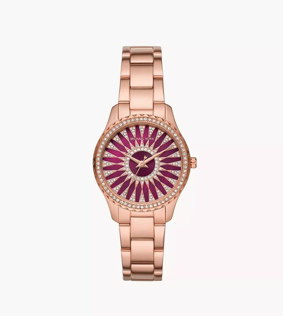 Michael kors layton three-hand rose gold-tone stainless steel watch mk6893 case size: 33 mm