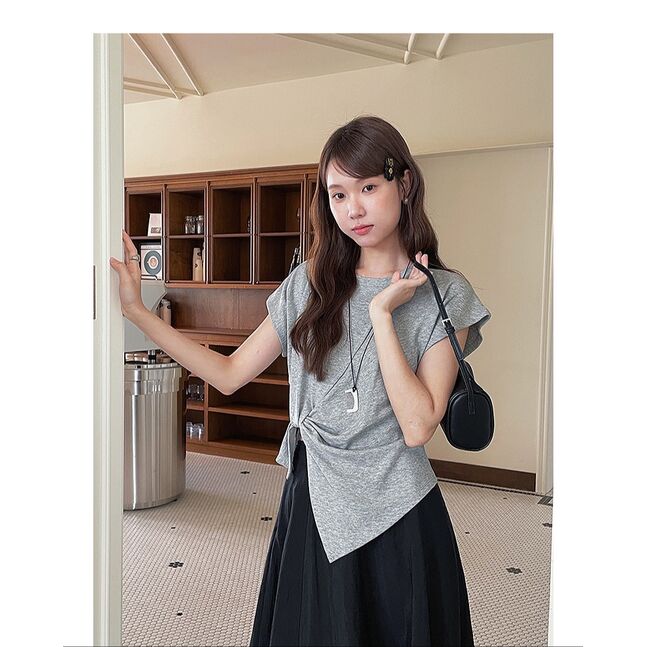 Retro Square Collar Pleated Waist Slit Short Top