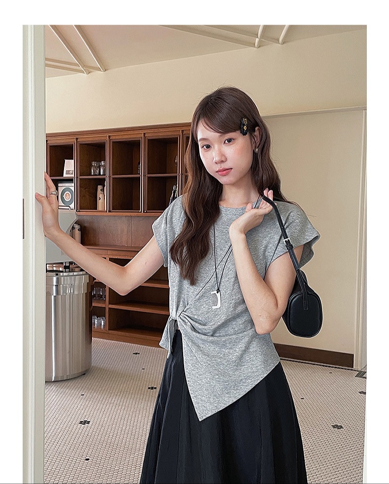 Retro Square Collar Pleated Waist Slit Short Top