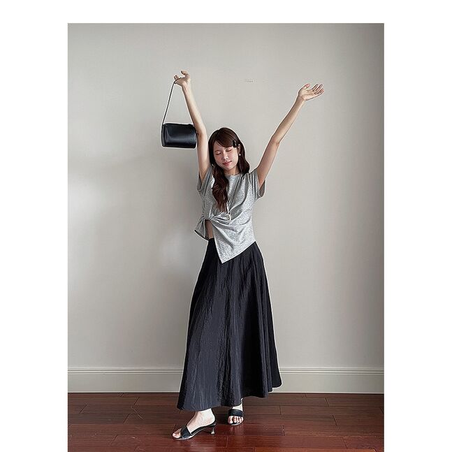 Retro Square Collar Pleated Waist Slit Short Top