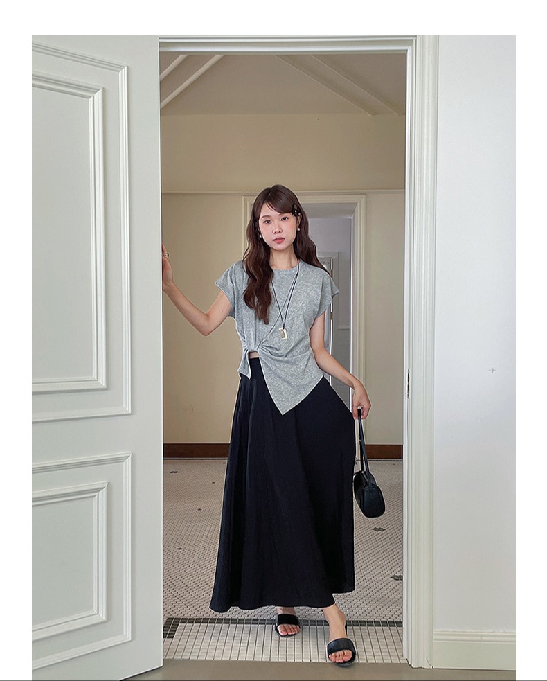 Retro Square Collar Pleated Waist Slit Short Top