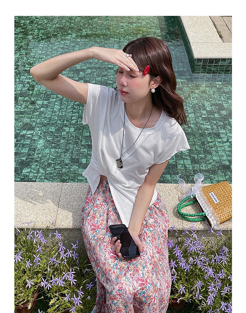 Retro Square Collar Pleated Waist Slit Short Top