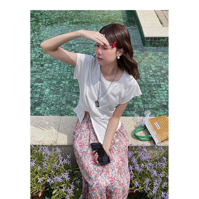 Retro Square Collar Pleated Waist Slit Short Top