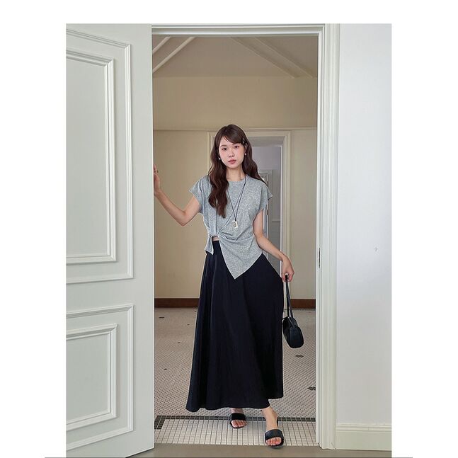 Retro Square Collar Pleated Waist Slit Short Top