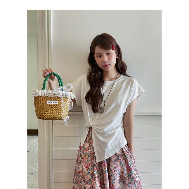 Retro Square Collar Pleated Waist Slit Short Top