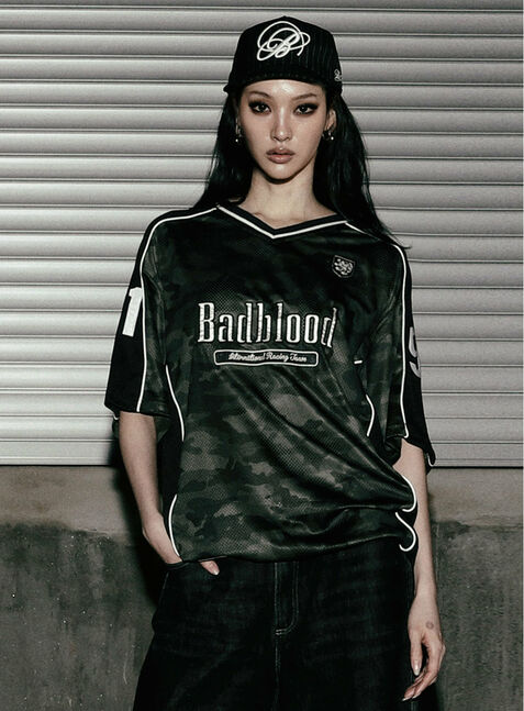 ★BADBLOOD ★FON V-NECK JERSEY SHORT SLEEVE - GREEN CAMO FON V-Neck Jersey Short Sleeve - Green Camo