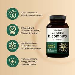 Methylated b complex vitamins, 240 veggie capsules | multivitamin b complex | b12, folate, biotin & more – with natural vitamin c, e, choline & inositol – immune, energy, & prenatal support