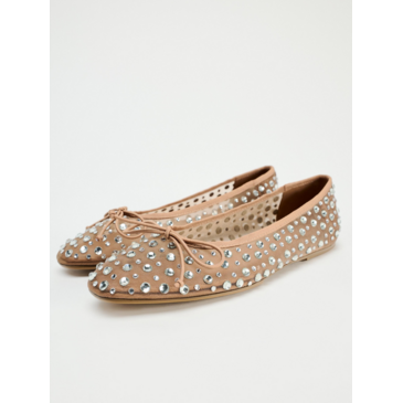 Beige Mesh Round-Toe Ballet Flats With Bow & Sparkle Rhinestone