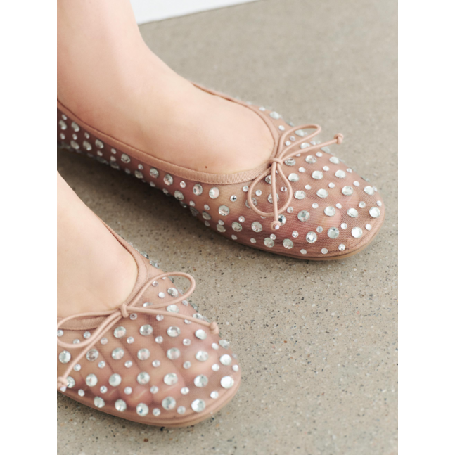 Beige Mesh Round-Toe Ballet Flats With Bow & Sparkle Rhinestone