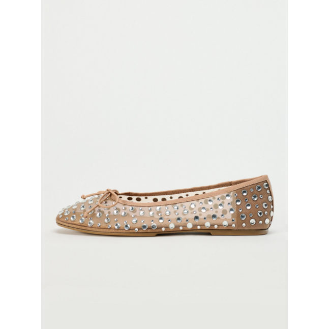Beige Mesh Round-Toe Ballet Flats With Bow & Sparkle Rhinestone