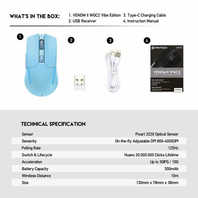 Fantech Venom II WGC2 Wireless 2.4Ghz Gaming Mouse Blue Vibe Edition