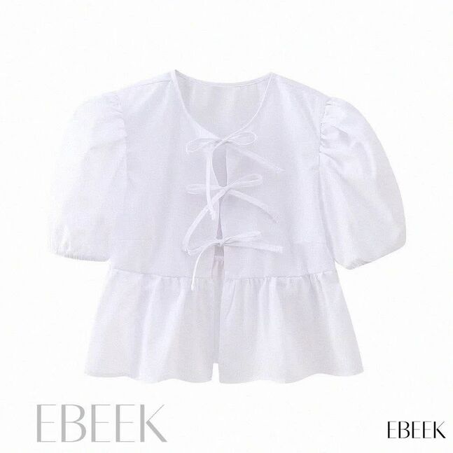 White ribbon tie front blouse