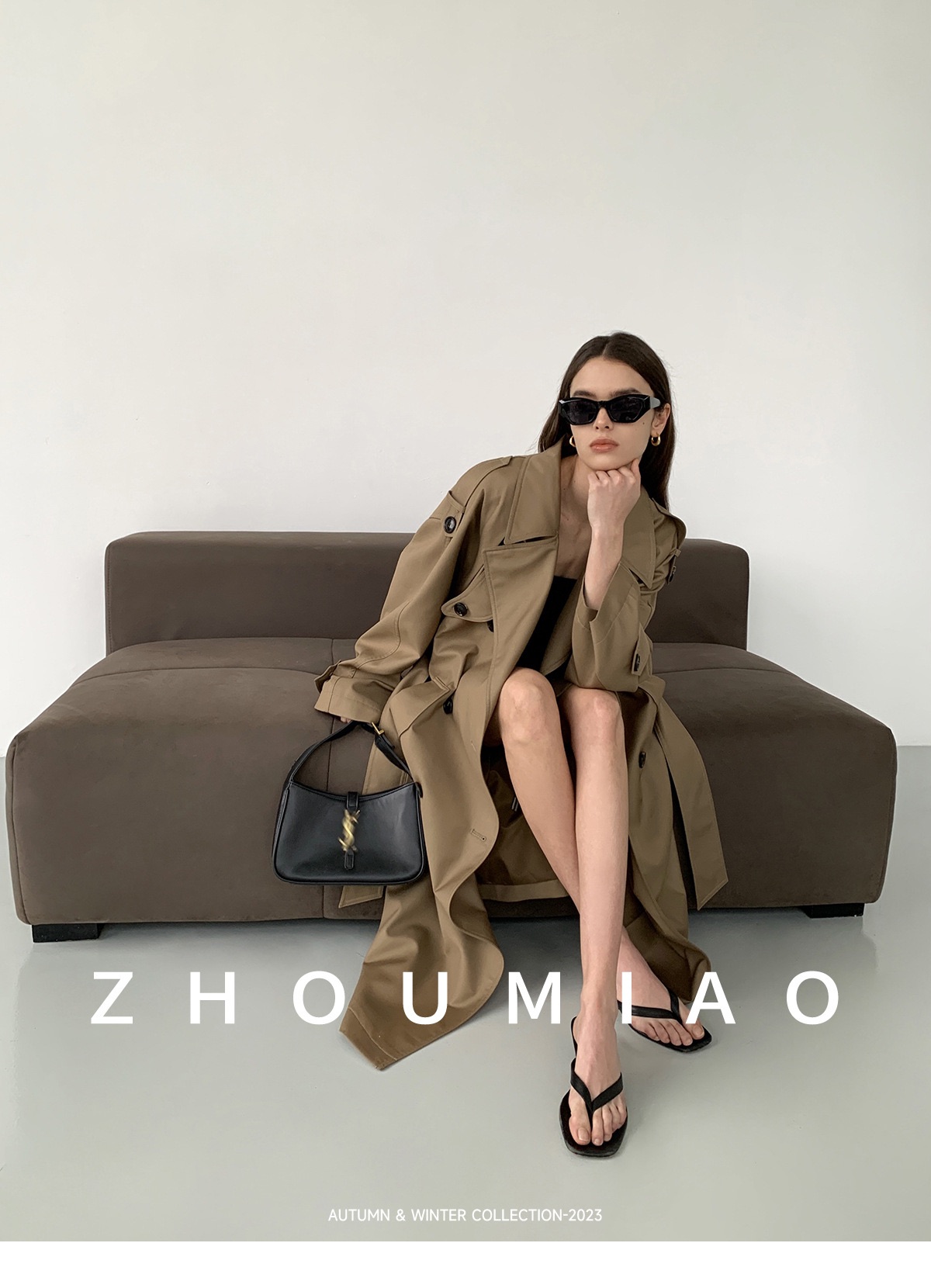 Beige long coat with belt