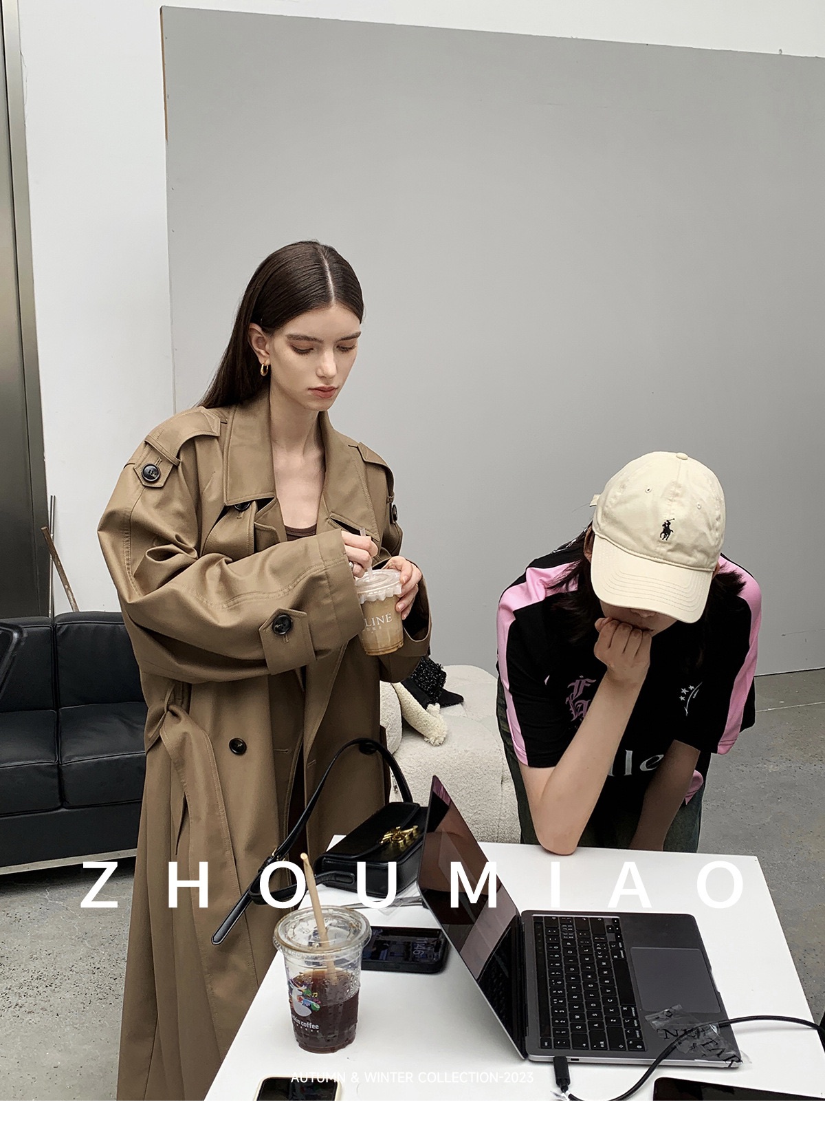 Beige long coat with belt