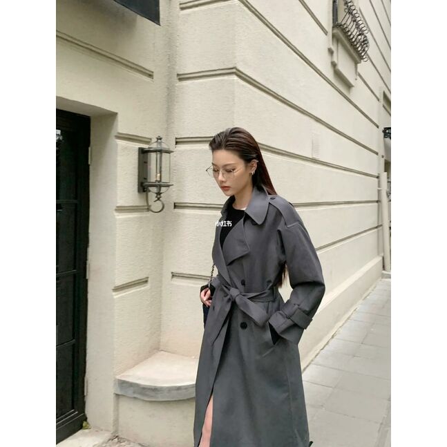 Grey long coat with belt