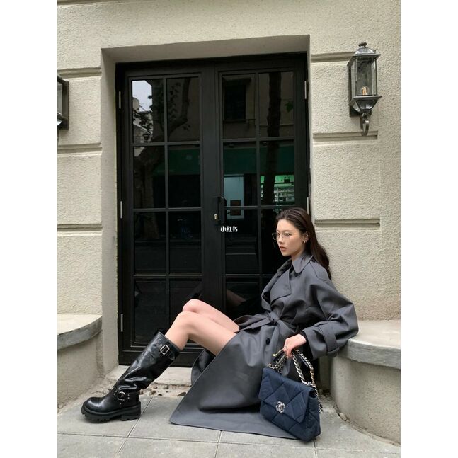 Grey long coat with belt