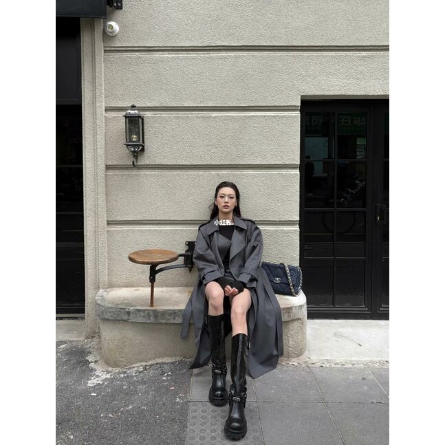 Grey long coat with belt