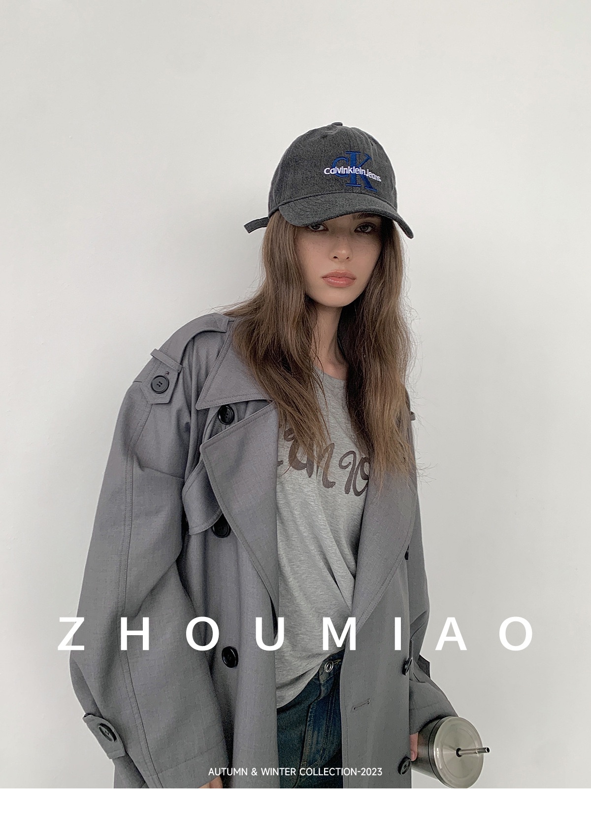 Grey long coat with belt