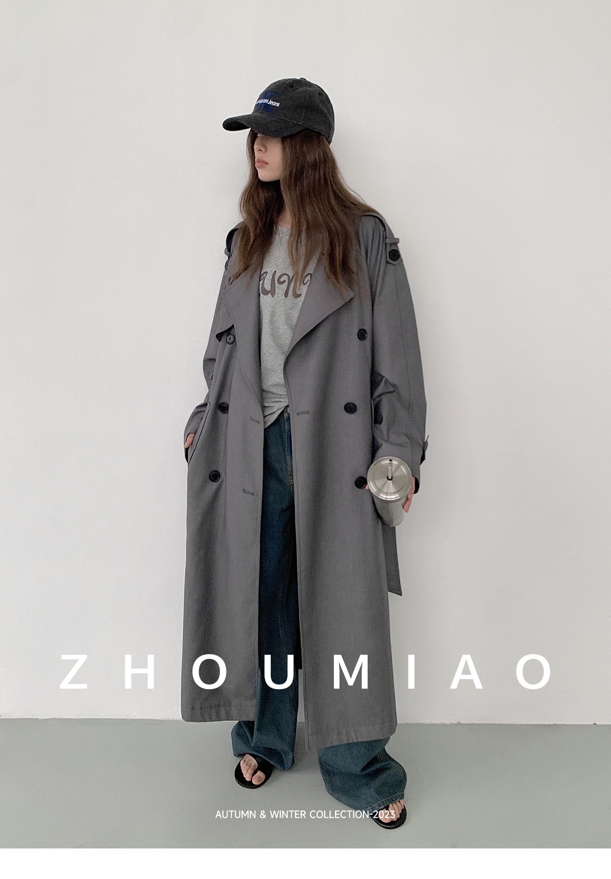 Grey long coat with belt