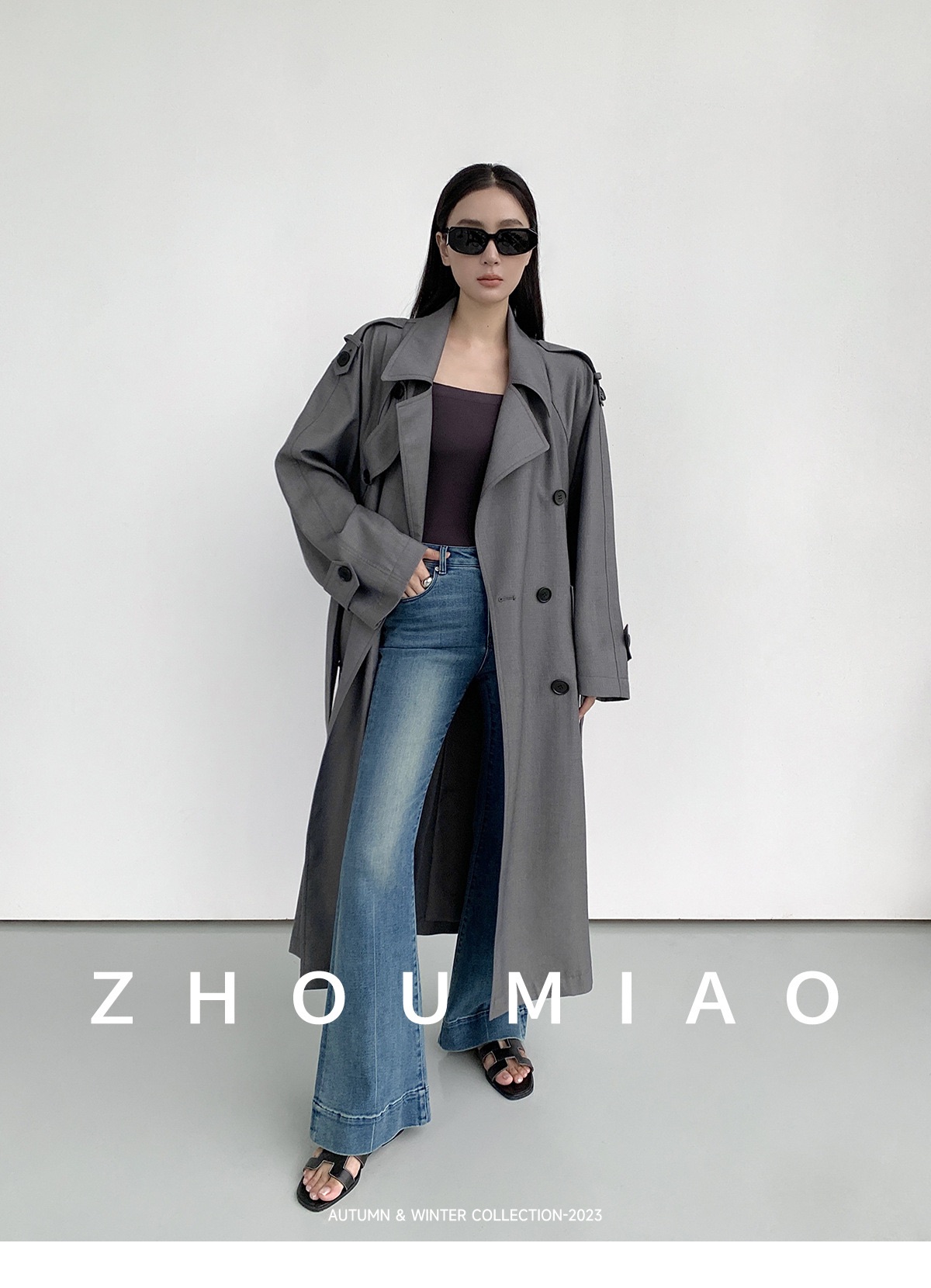 Grey long coat with belt