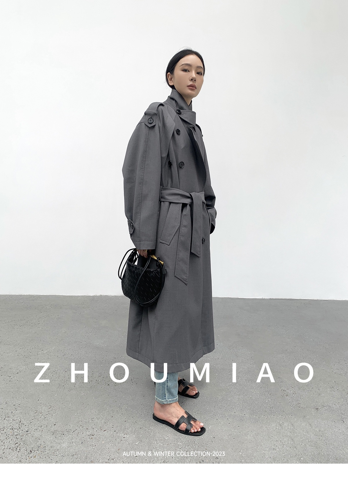 Grey long coat with belt