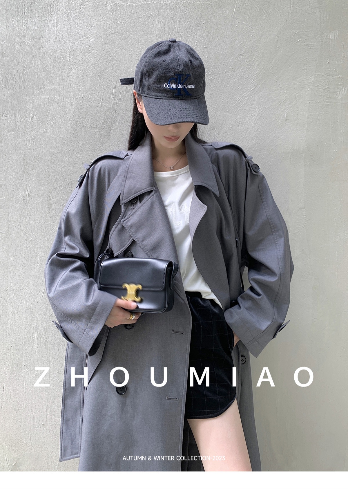 Grey long coat with belt