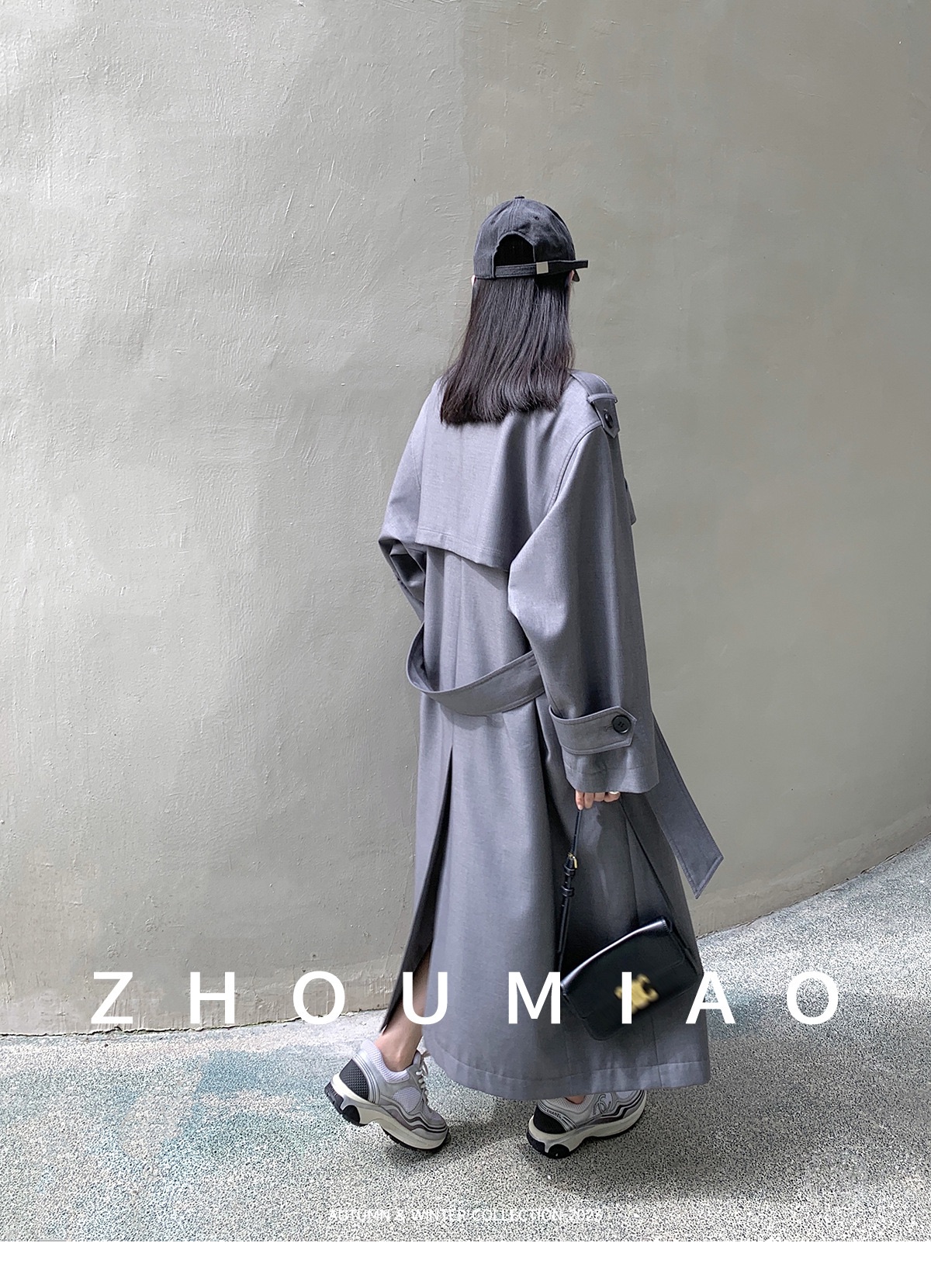 Grey long coat with belt