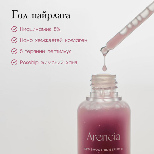Arencia Fresh Red Smoothie Serum 8
Collagen + Peptide + Rosehip 30ml