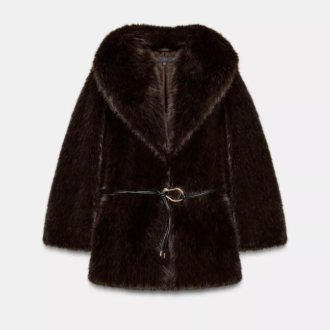 Faux fur coat with belt